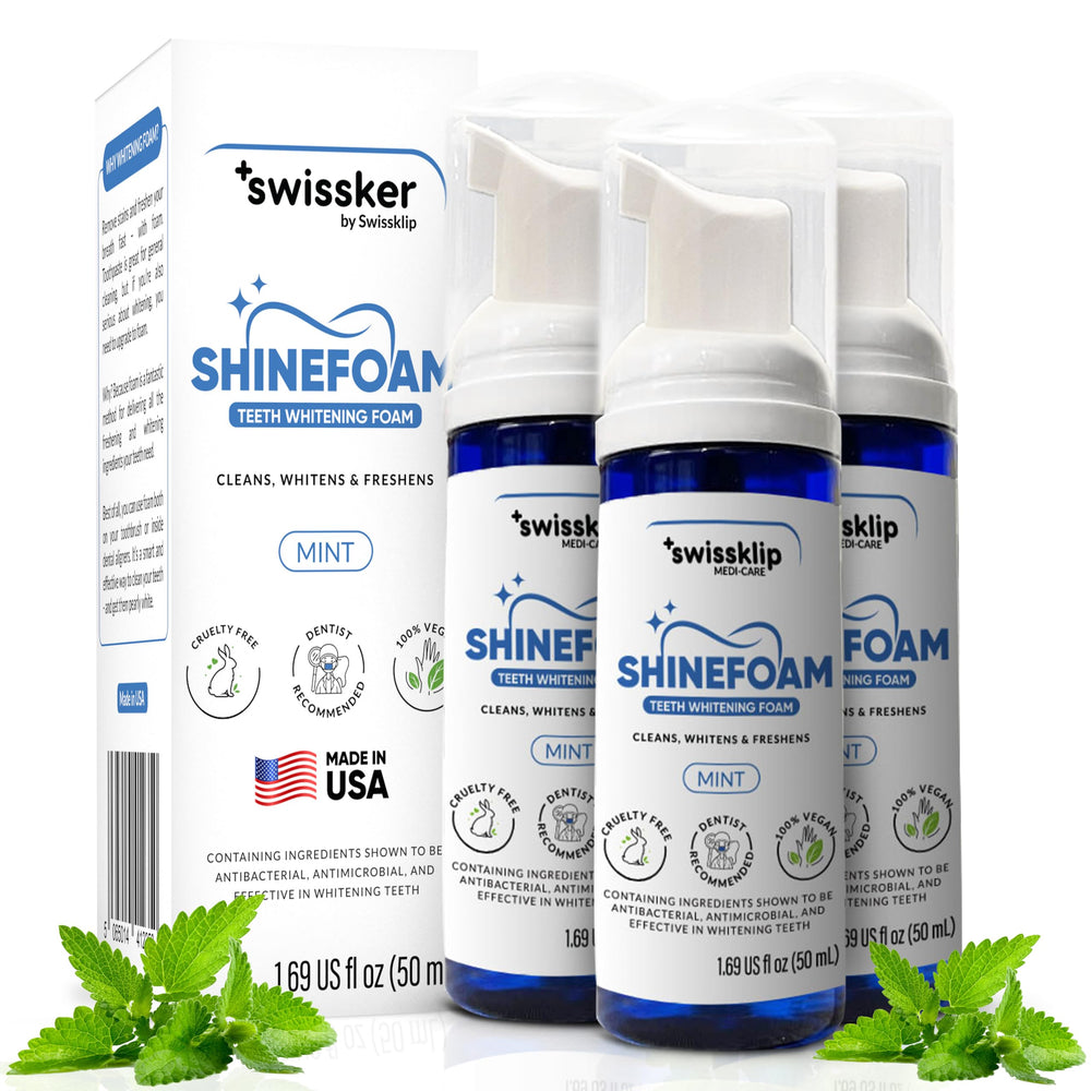 Swissker ShineFoam mint foam dispense showcasing a refreshing whitening experience
