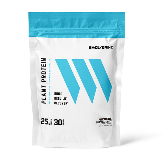 Swolverine Plant Protein chocolate cake canister, high-quality protein for workouts