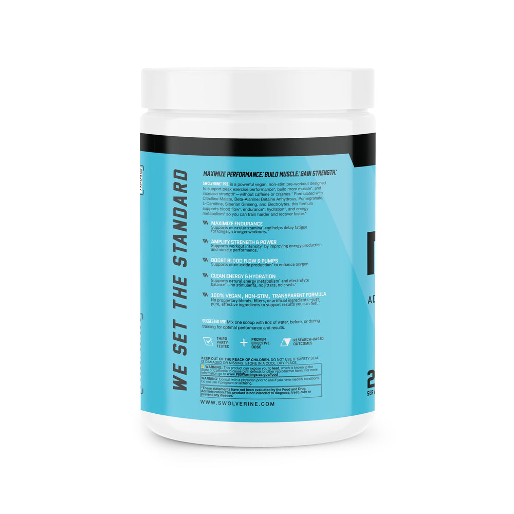 Swolverine PRE ingredient label highlighting key compounds for pumps and endurance