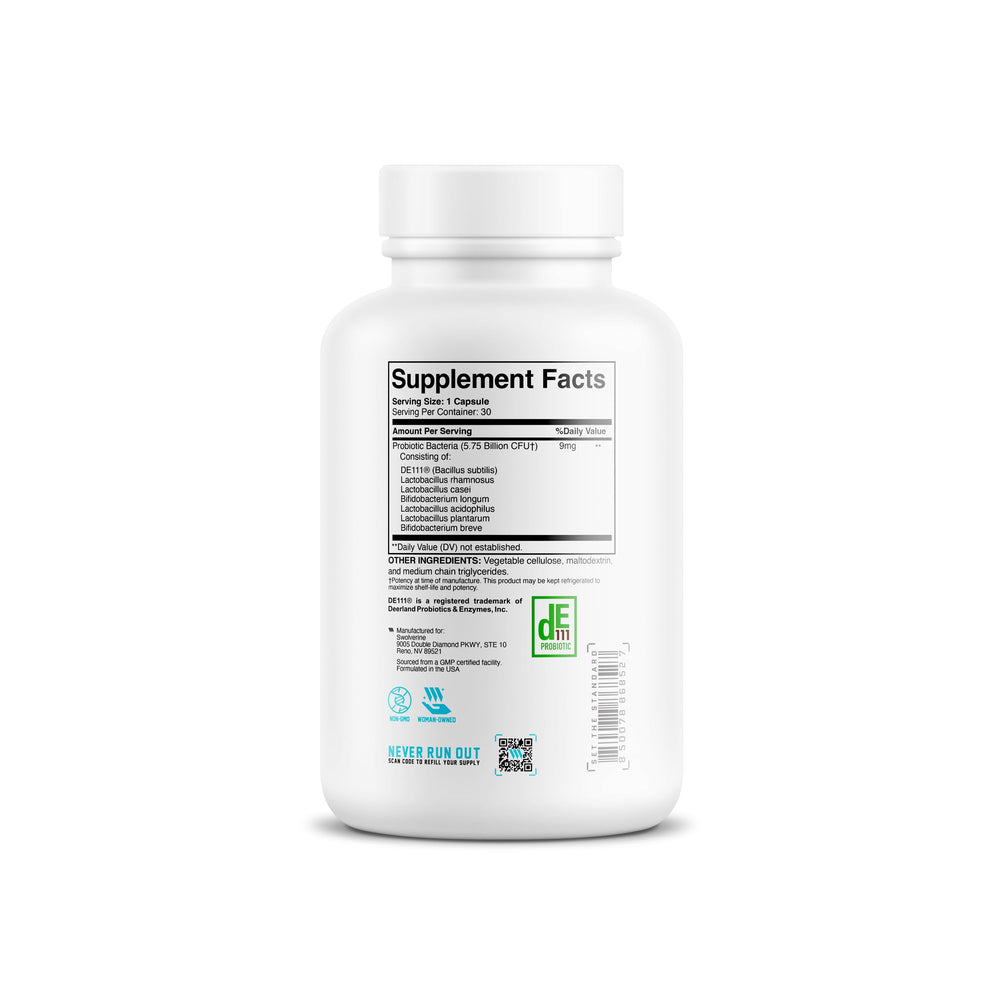 Swolverine Probiotix label details showcasing the DE111 Bacillus Subtilis strain