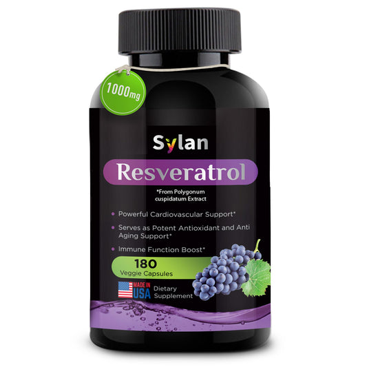 SYLAN Resveratrol bottle front highlighting packaging and antioxidant focus