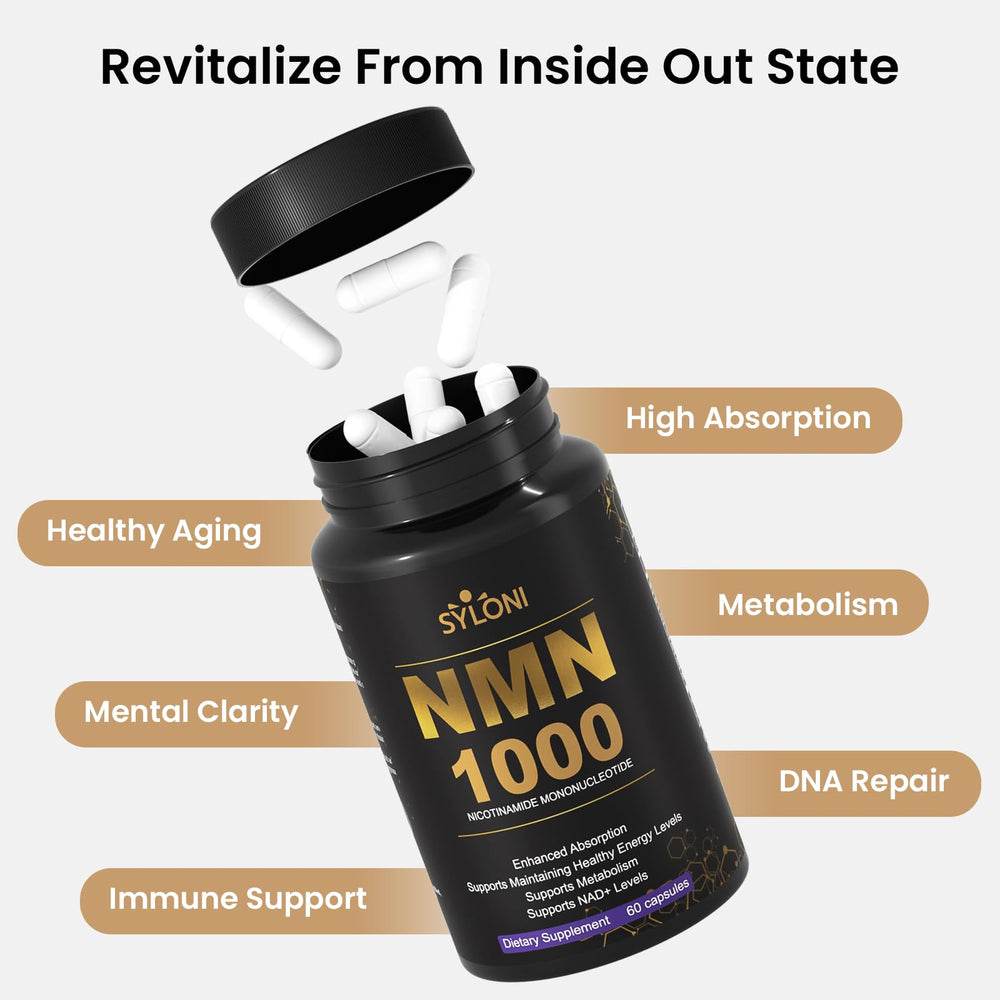 Syloni NMN bottle on desk for daily vitality routine