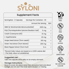 Syloni NMN ingredients visual featuring PQQ and CoQ10 for mitochondrial support