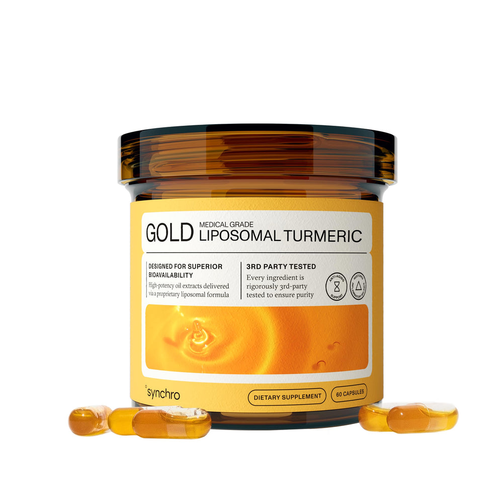 Synchro Gold bottle front showing liposomal turmeric for enhanced gut absorption.