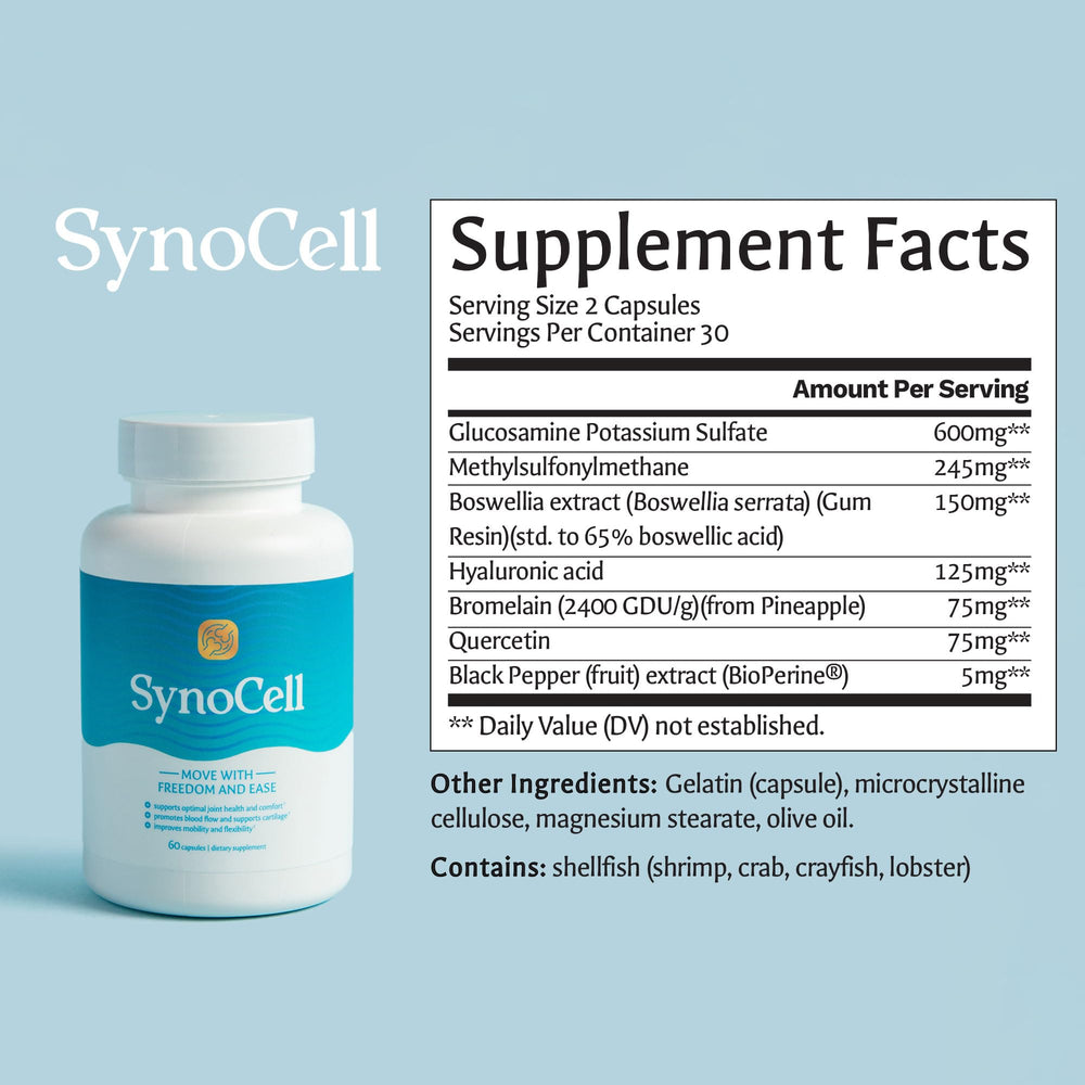 Synocell boswellia quercetin MSM blend capsules, a natural approach to joint support.