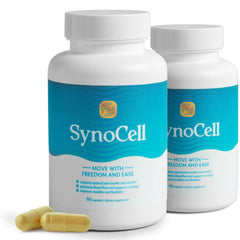 Synocell glucosamine chondroitin capsules on a bottle, supporting joint comfort and mobility.