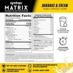 Syntrax Matrix 2 lb tub front view emphasizing convenient protein source.