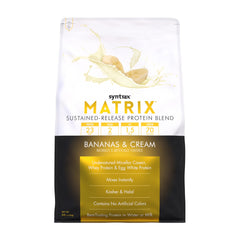 Syntrax Matrix bottle with Bananas & Cream label for sustained protein.