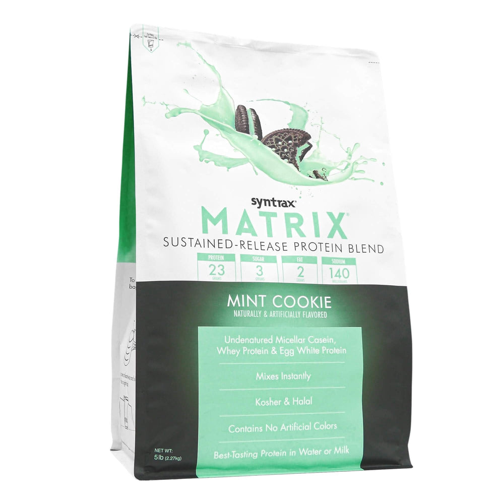 Syntrax Matrix Mint Cookie bottle label detail, ideal for smooth, flavorful shakes.
