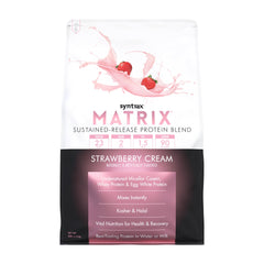 Syntrax Matrix bottle with Strawberry Cream offers steady protein support.