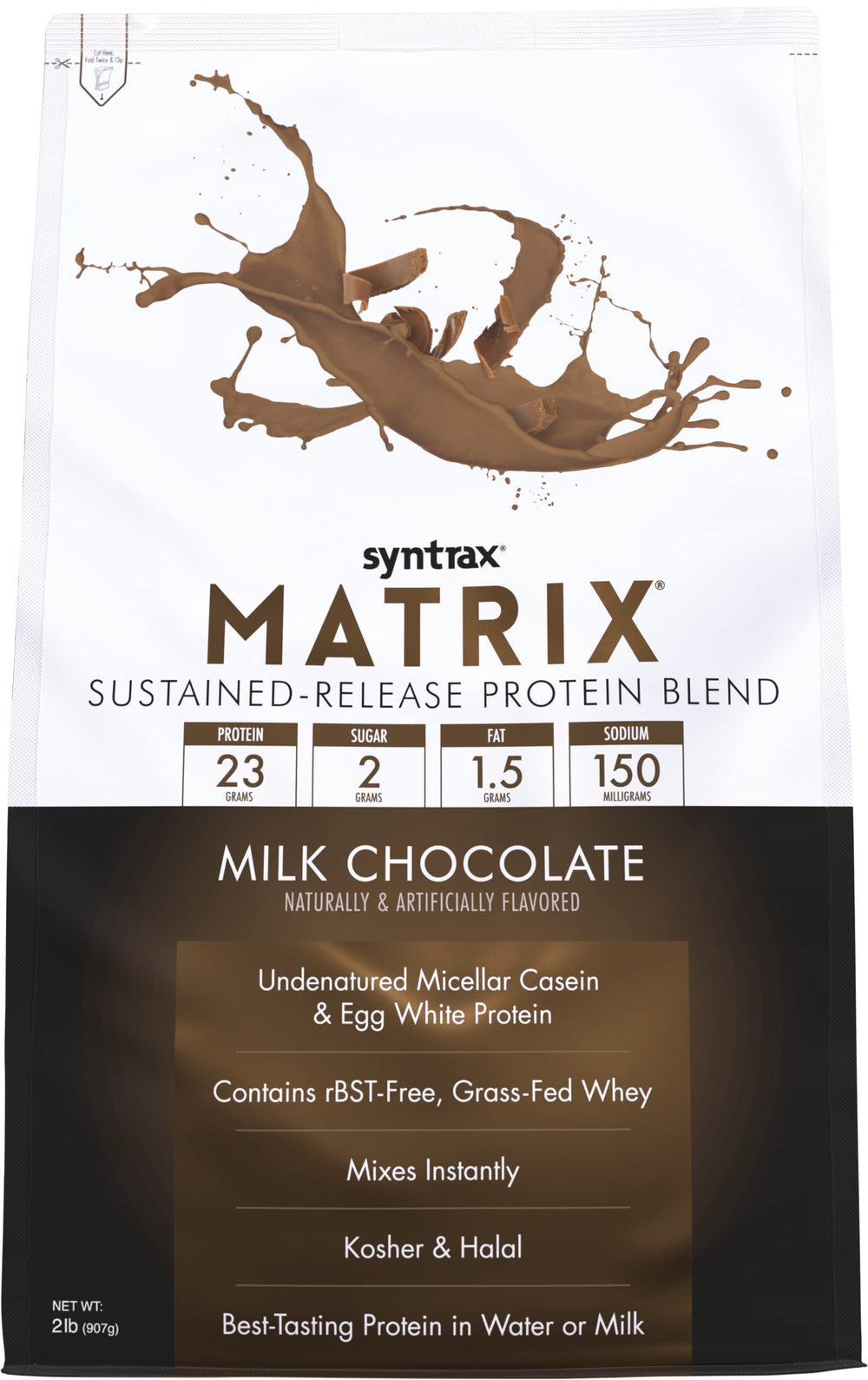 Syntrax Matrix sustained-release protein blend tub showing clean label for steady amino acid delivery