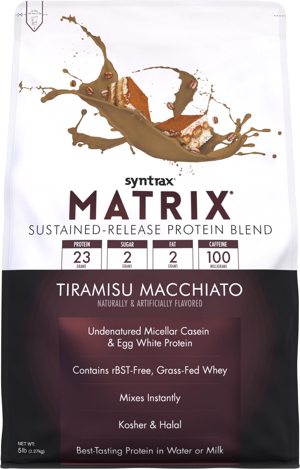 Syntrax Matrix Tiramisu Macchiato 5lb container highlighting sustained-release protein for steady energy