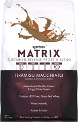 Syntrax Matrix Tiramisu Macchiato 5lb container highlighting sustained-release protein for steady energy