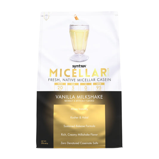 Syntrax Micellar Creme bottle shows native micellar casein for a smooth shake