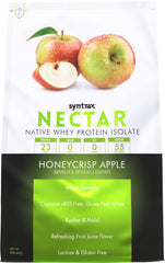 Syntrax Nectar Honeycrisp Apple canister with zero sugar option on kitchen shelf.