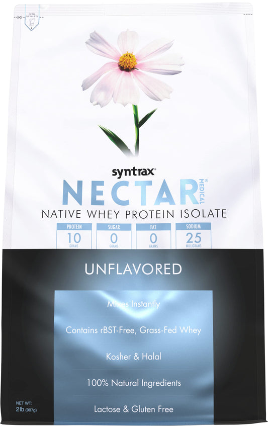 Syntrax Nectar Medical whey isolate jar showing pure, smooth powder for clean shakes