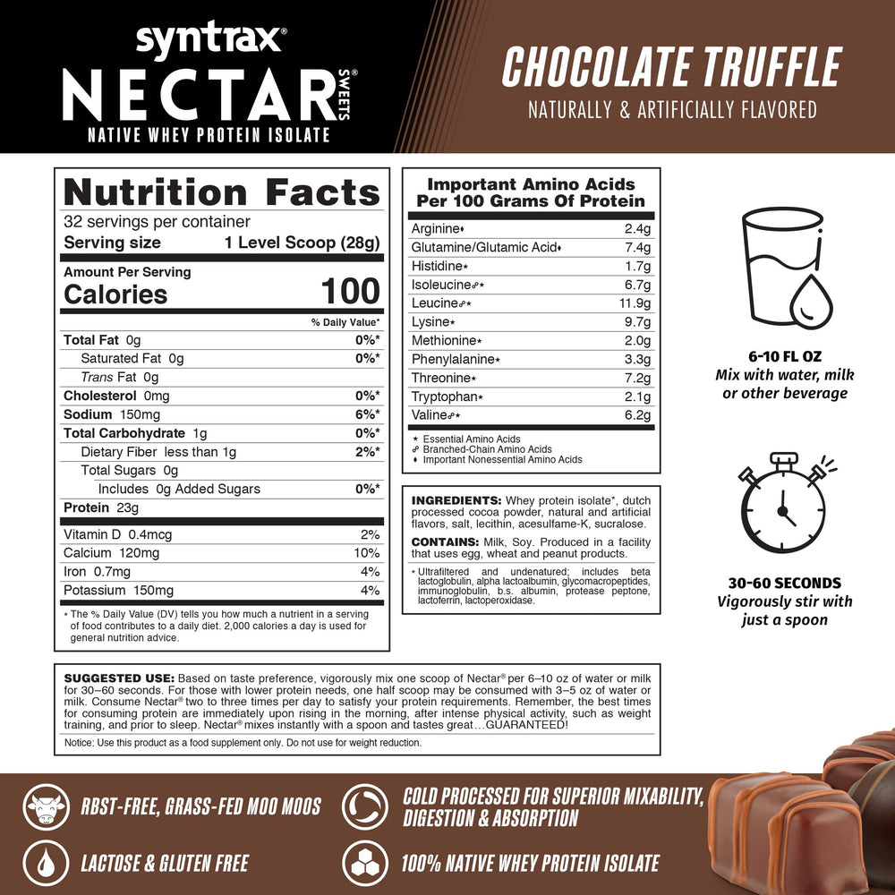 Syntrax Nectar Sweets powder scoop emphasizes premium whey isolate quality.