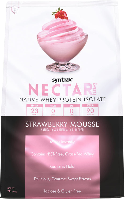 Syntrax Nectar Sweets Strawberry Mousse bottle offers zero-carb protein refreshment after workouts.
