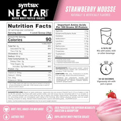 Syntrax Nectar Sweets packaging highlights gourmet strawberry mousse flavor in a gluten-free formula.