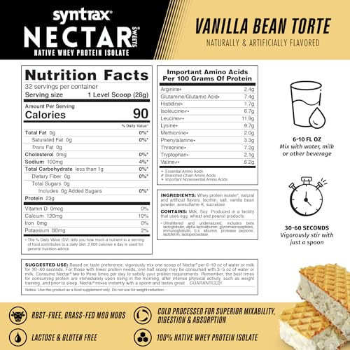 Syntrax Nectar Sweets Vanilla Bean Torte powder texture close-up emphasizing native whey protein isolate.
