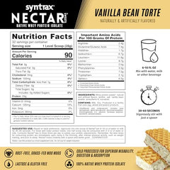 Syntrax Nectar Sweets Vanilla Bean Torte powder texture close-up emphasizing native whey protein isolate.