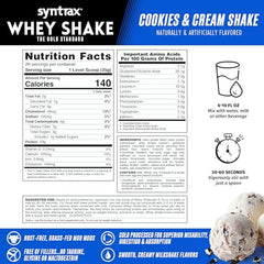 Syntrax Nutrition Whey Shake glass with milk demonstrates easy mixability.