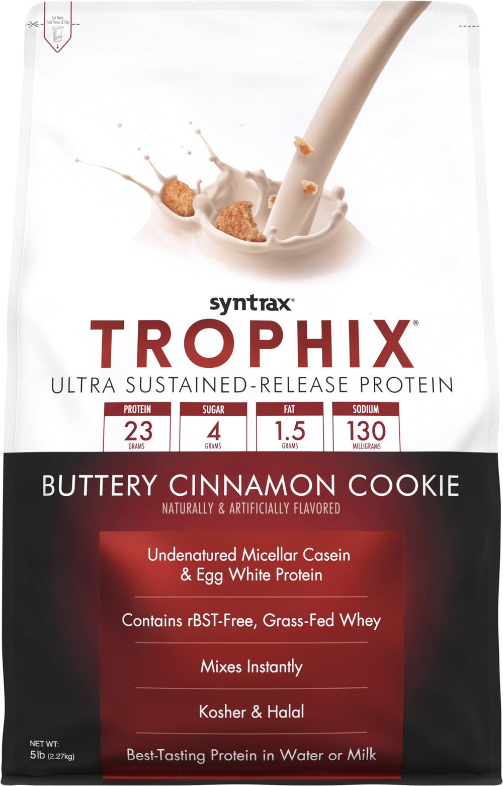 Syntrax Trophix canister with buttery cinnamon cookie flavor, ultra-sustained protein for daily recovery.
