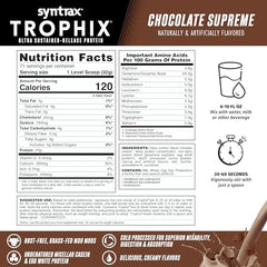 Glass of Syntrax Trophix Chocolate Supreme shake showing creamy texture