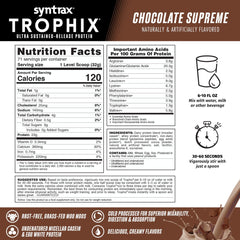 Glass of Syntrax Trophix Chocolate Supreme shake showing creamy texture