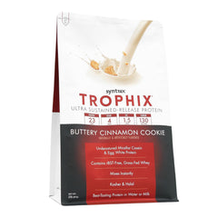 Syntrax Trophix ingredients pack shows four protein sources for balanced release