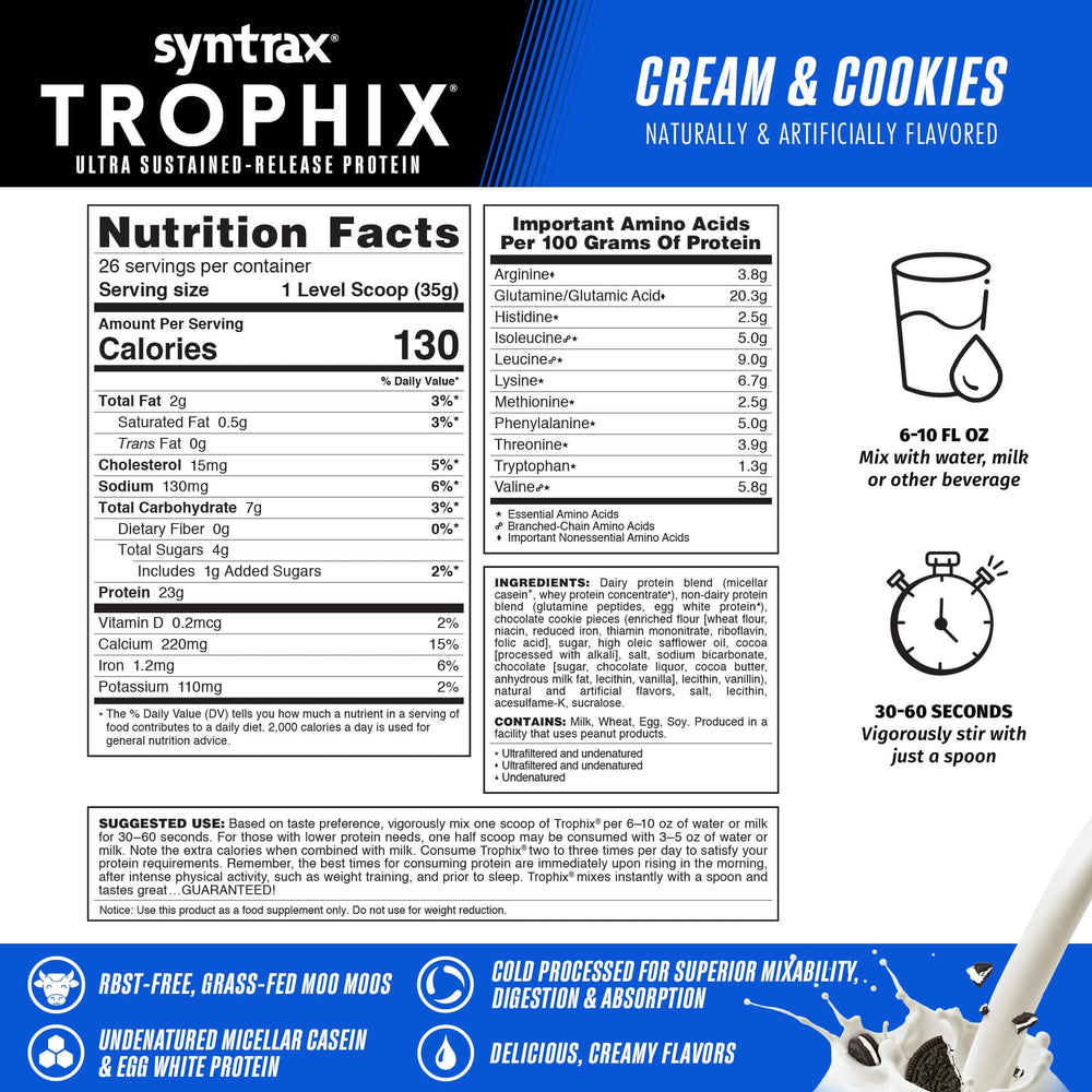 Syntrax Trophix undenatured casein and egg white support balanced amino release.