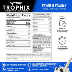 Syntrax Trophix undenatured casein and egg white support balanced amino release.