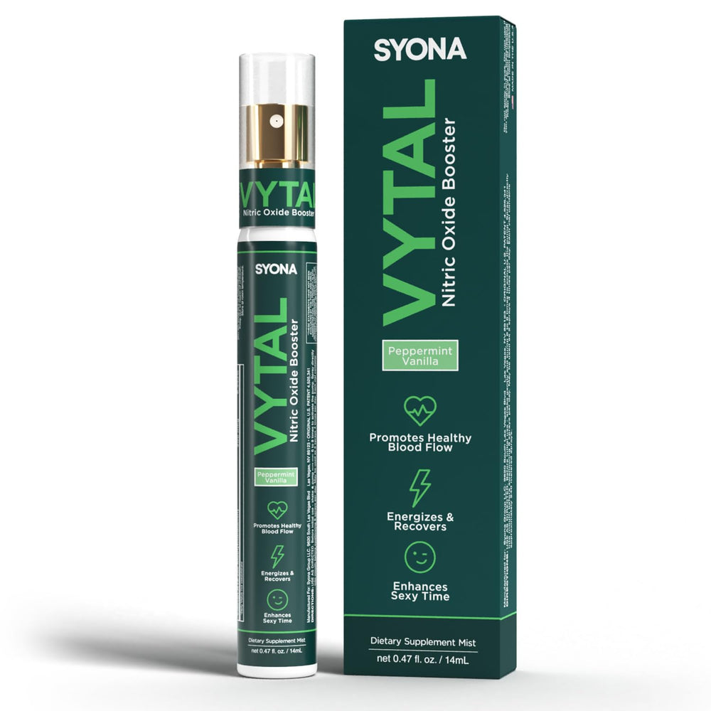 SYONA VYTAL bottle front view with compact 14ml pump for easy on-the-go use.