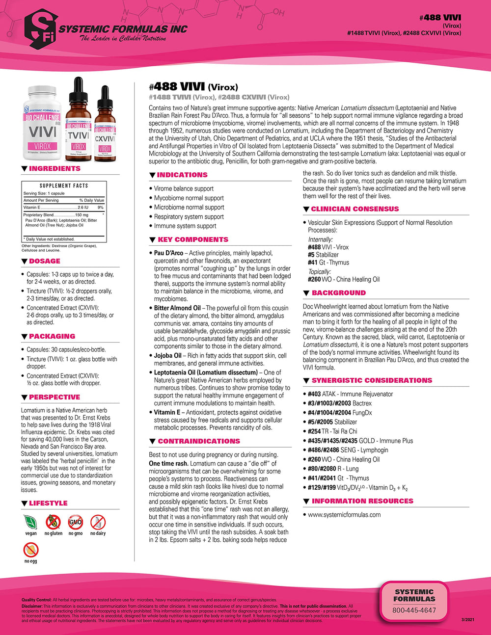 Systemic Formulas VIVI Virox ingredients feature Lomatium and PAU D’Arco.