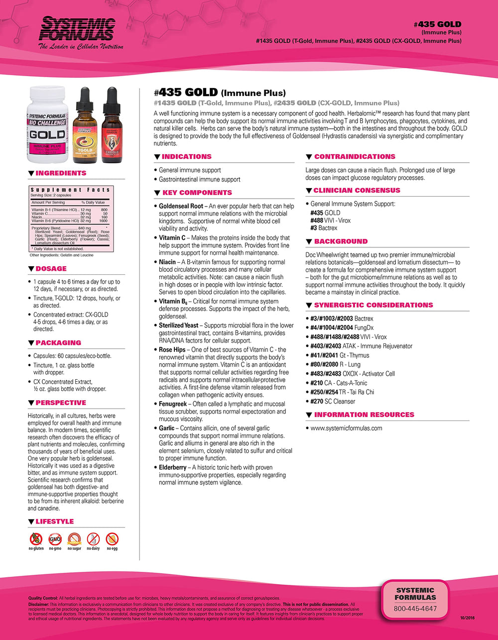 Systemic Formulas Gold Immune Plus bottle back with usage notes