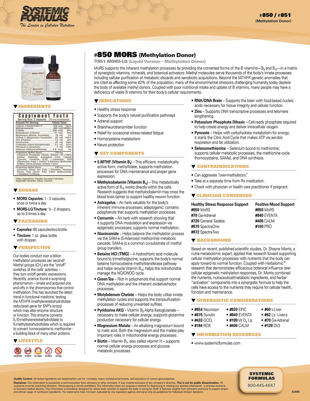 Systemic Formulas MORS LQ bottle label closeup, ingredients and values shown.