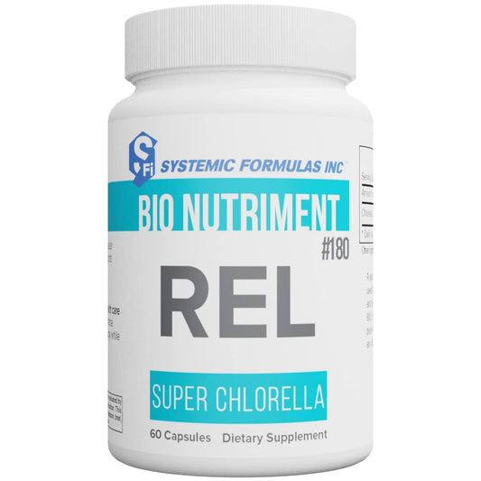 Systemic Formulas REL - CHLORELLA bottle for daily detox and immune balance.