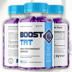 Close-up of Syvor Boost TRT Gummies bottle label highlighting natural ingredients