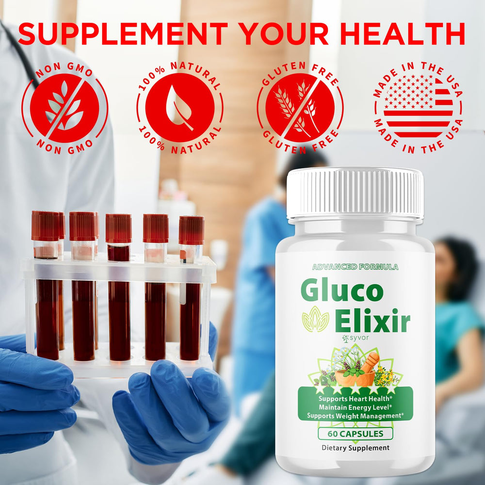 Gluco Elixir label close-up highlights natural ingredients and recommended daily routine