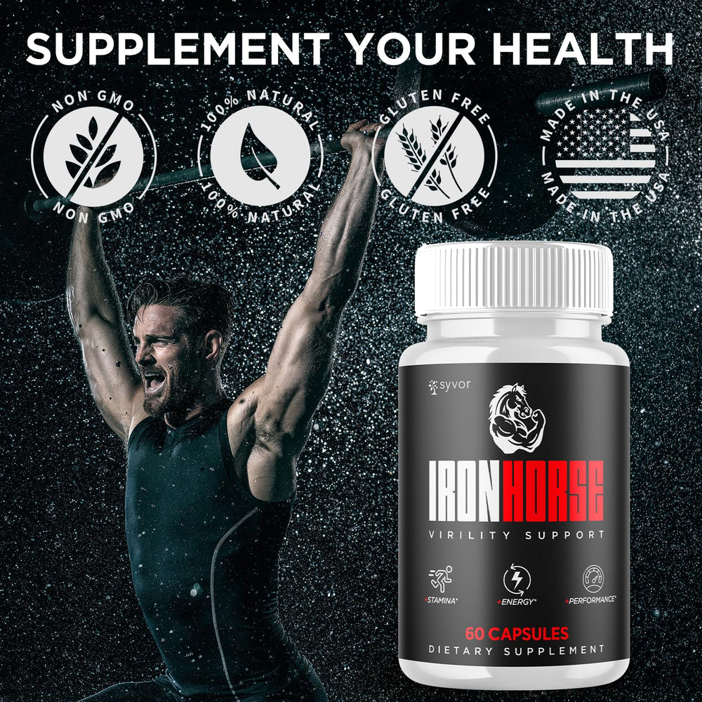 Active lifestyle scene with a man exercising beside Iron Horse bottle.