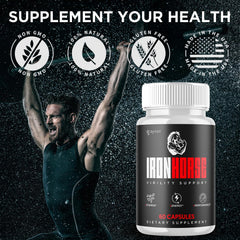 Active lifestyle scene with a man exercising beside Iron Horse bottle.
