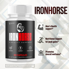 Close-up of Iron Horse label showing natural ingredients and quality.