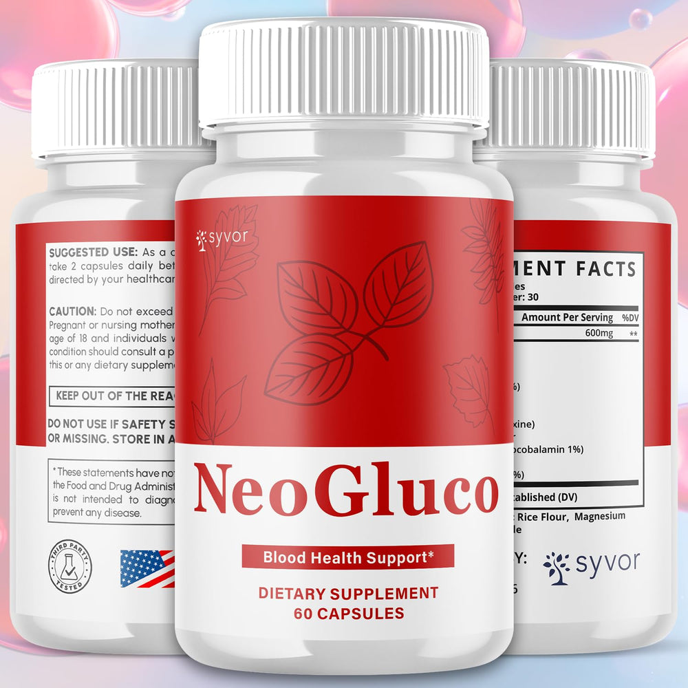 Close-up of Syvor NeoGluco capsules highlights natural ingredients.