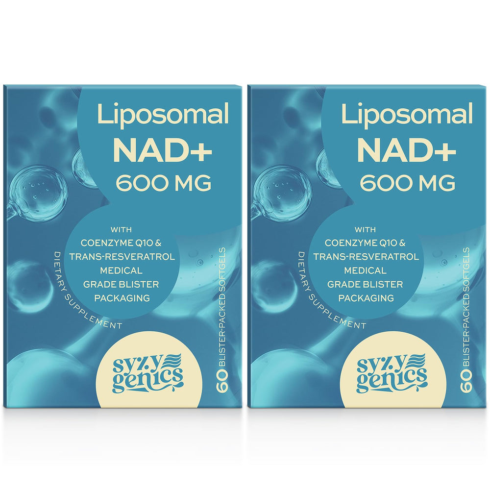 SYZY GENICS NAD+ supplement bottle with liposomal delivery for enhanced absorption.