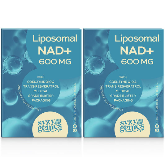 SYZY GENICS NAD+ supplement bottle with liposomal delivery for enhanced absorption.