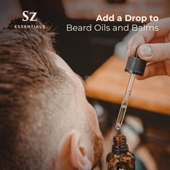 Sz Essentials bottle label closeup emphasizes purity and therapeutic-grade quality.
