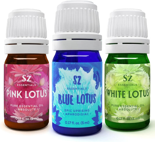 Sz Essentials Blue Lotus oil bottle for calming aromatherapy and mood balance