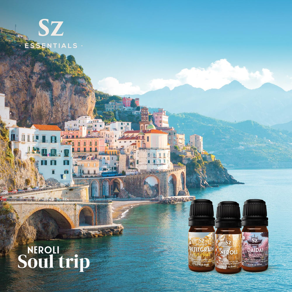 Sz Essentials Neroli oil eco packaging emphasizing vegan, pure standards