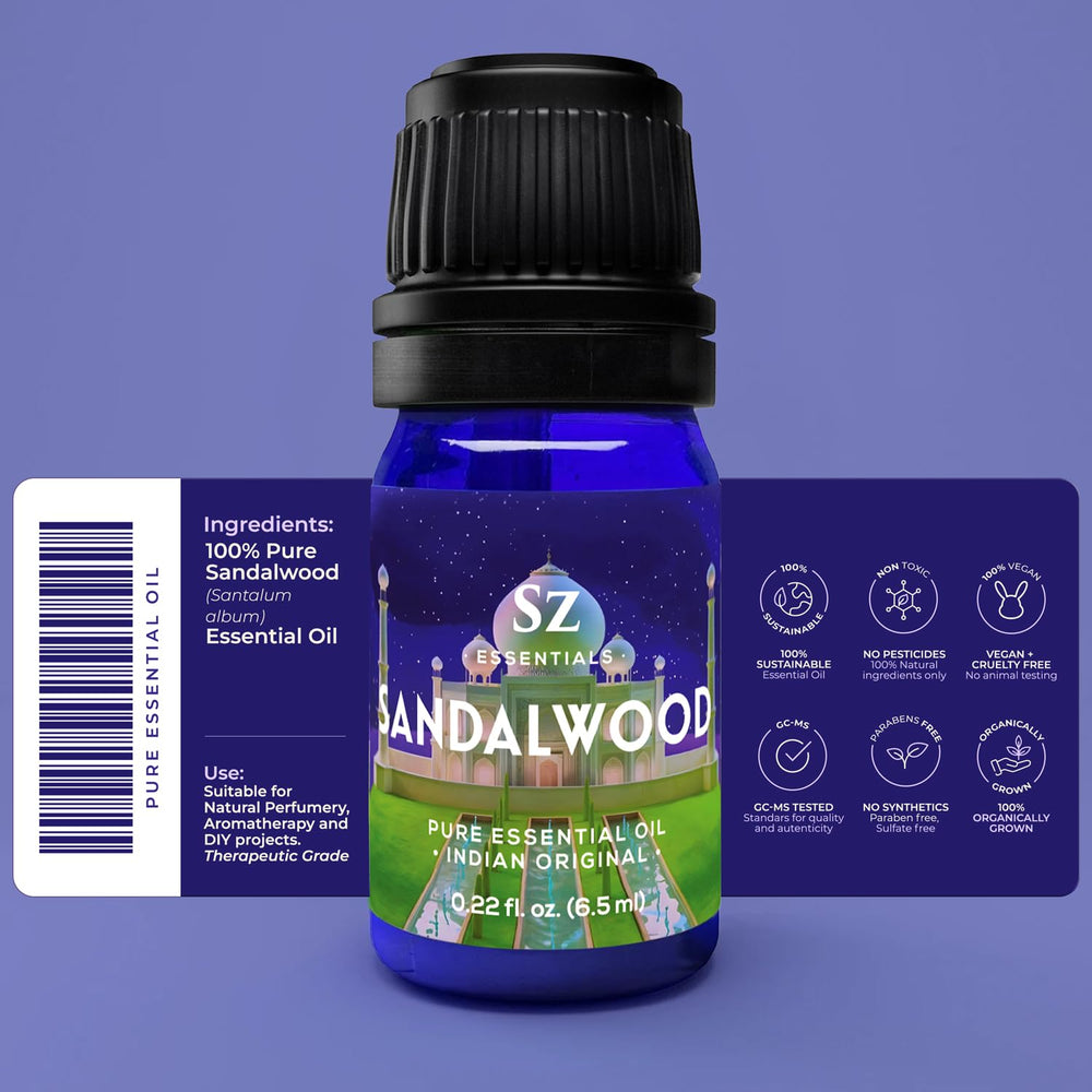 Sz Essentials sandalwood oil label displayed on a premium bottle for authenticity.
