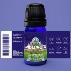Sz Essentials sandalwood oil label displayed on a premium bottle for authenticity.